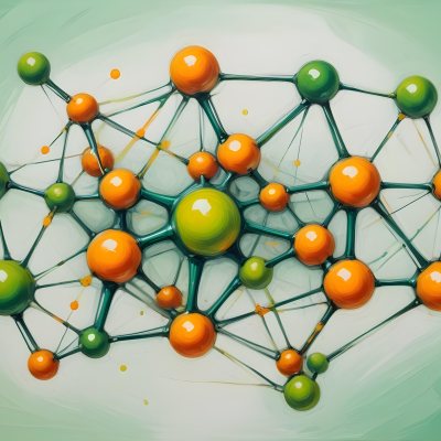 Oil Painting Abstract Molecular Structure With Green And Orange Spheres Connected By Yellow Lines Creating A Network Pattern Against A Bright Background Creative Extremely Detailed Brush Stroke 15 69bb