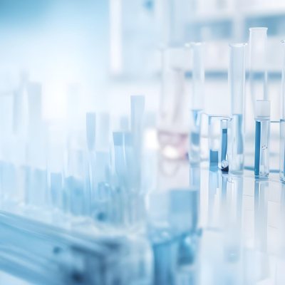 Several Transparent Glass Vials And Test Tubes Filled With Clear Liquid Arranged On A Reflective Surface With A Blurred Laboratory Background 10 E23f