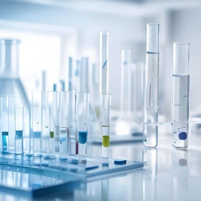 Several Transparent Glass Vials And Test Tubes Filled With Clear Liquid Arranged On A Reflective Surface With A Blurred Laboratory Background 12 E654