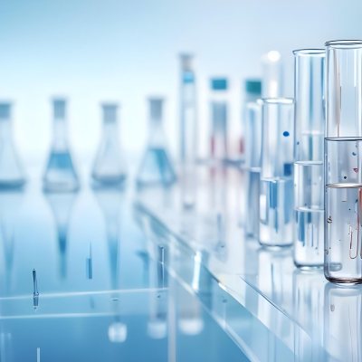 Several Transparent Glass Vials And Test Tubes Filled With Clear Liquid Arranged On A Reflective Surface With A Blurred Laboratory Background 8 8718