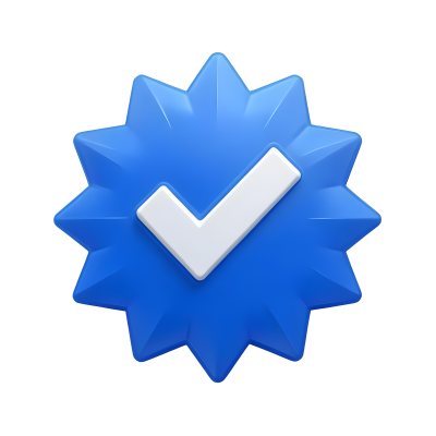 3d Model A Blue Badge With A Starburst Shape And A White Checkmark In The Center The Badge Has A Glossy Finish And A Slight Shadow Giving It A Three Dimensional Appearance Surrounded By A Red Border And Featuring A Ma 15 9da0