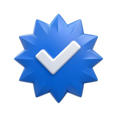 3d Model A Blue Badge With A Starburst Shape And A White Checkmark In The Center The Badge Has A Glossy Finish And A Slight Shadow Giving It A Three Dimensional Appearance Surrounded By A Red Border And Featuring A Ma 16 A780