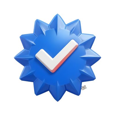 3d Model A Blue Badge With A Starburst Shape And A White Checkmark In The Center The Badge Has A Glossy Finish And A Slight Shadow Giving It A Three Dimensional Appearance Surrounded By A Red Border And Featuring A Ma 19 8a0f