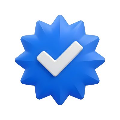 3d Model A Blue Badge With A Starburst Shape And A White Checkmark In The Center The Badge Has A Glossy Finish And A Slight Shadow Giving It A Three Dimensional Appearance Surrounded By A Red Border And Featuring A Ma 6 967f