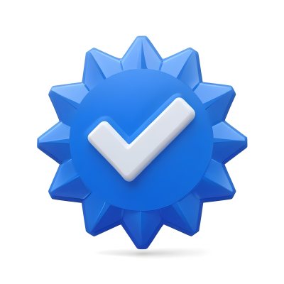 3d Model A Blue Badge With A Starburst Shape And A White Checkmark In The Center The Badge Has A Glossy Finish And A Slight Shadow Giving It A Three Dimensional Appearance Surrounded By A Red Border And Featuring A Ma 7 3d17