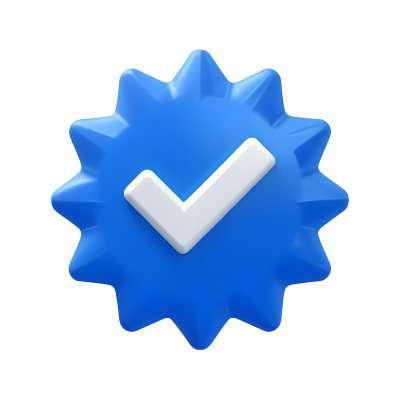3d Model A Blue Badge With A Starburst Shape And A White Checkmark In The Center The Badge Has A Glossy Finish And A Slight Shadow Giving It A Three Dimensional Appearance Surrounded By A Red Border And Featuring A Ma 9 776c