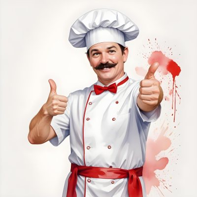 A 40 Year Old White Man With A Chef Hat And Mustache Doing A Thumbs Up With A Red Bowtie In A White Background 14 E97a