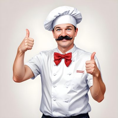 A 40 Year Old White Man With A Chef Hat And Mustache Doing A Thumbs Up With A Red Bowtie In A White Background 15 94a0