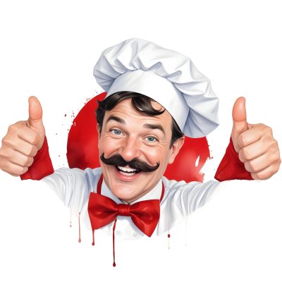 A 40 Year Old White Man With A Chef Hat And Mustache Doing A Thumbs Up With A Red Bowtie In A White Background 17 B354