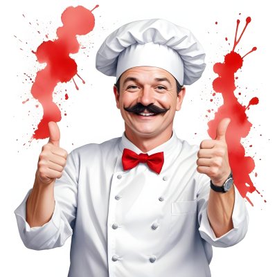 A 40 Year Old White Man With A Chef Hat And Mustache Doing A Thumbs Up With A Red Bowtie In A White Background 21 1de0