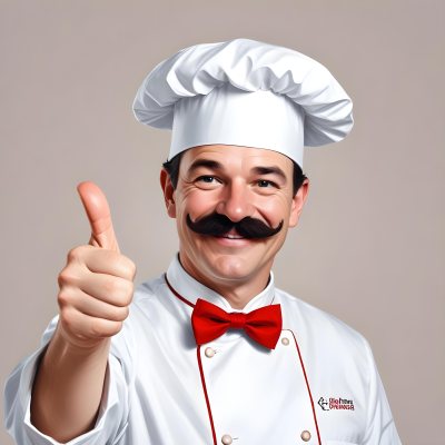 A 40 Year Old White Man With A Chef Hat And Mustache Doing A Thumbs Up With A Red Bowtie In A White Background 25 956c