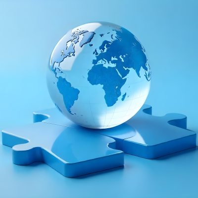A Glass Globe On Top Of A Blue Puzzle With A Missing Piece Concept Of Global Business And Problem Solving 1 F251