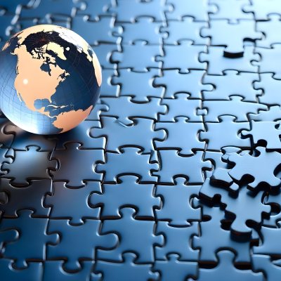 A Glass Globe On Top Of A Blue Puzzle With A Missing Piece Concept Of Global Business And Problem Solving 10 E081
