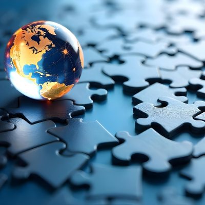 A Glass Globe On Top Of A Blue Puzzle With A Missing Piece Concept Of Global Business And Problem Solving 12 7f0c