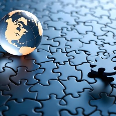 A Glass Globe On Top Of A Blue Puzzle With A Missing Piece Concept Of Global Business And Problem Solving 6 2410
