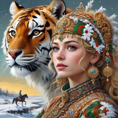 A White Woman 22 Years Old With Curly Blonde Hair Wearing A Traditional Algerian Dress And Jewelry A Tiger Behind Her A Man Riding A Horse In A Snowy Landscape 1 1b81