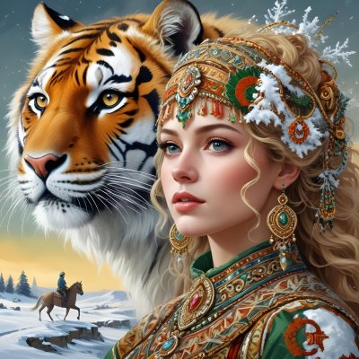 A White Woman 22 Years Old With Curly Blonde Hair Wearing A Traditional Algerian Dress And Jewelry A Tiger Behind Her A Man Riding A Horse In A Snowy Landscape 10 Ccad