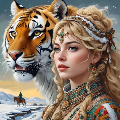 A White Woman 22 Years Old With Curly Blonde Hair Wearing A Traditional Algerian Dress And Jewelry A Tiger Behind Her A Man Riding A Horse In A Snowy Landscape 12 B476