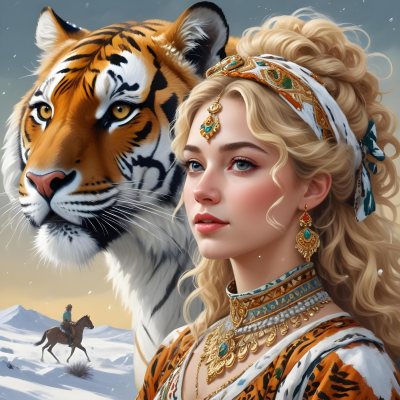 A White Woman 22 Years Old With Curly Blonde Hair Wearing A Traditional Algerian Dress And Jewelry A Tiger Behind Her A Man Riding A Horse In A Snowy Landscape 13 61b7