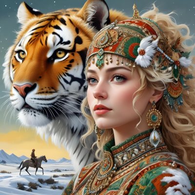 A White Woman 22 Years Old With Curly Blonde Hair Wearing A Traditional Algerian Dress And Jewelry A Tiger Behind Her A Man Riding A Horse In A Snowy Landscape 14 B197