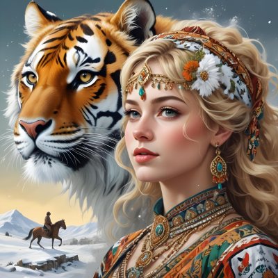 A White Woman 22 Years Old With Curly Blonde Hair Wearing A Traditional Algerian Dress And Jewelry A Tiger Behind Her A Man Riding A Horse In A Snowy Landscape 15 Ebbb