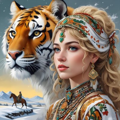 A White Woman 22 Years Old With Curly Blonde Hair Wearing A Traditional Algerian Dress And Jewelry A Tiger Behind Her A Man Riding A Horse In A Snowy Landscape 16 1b1a