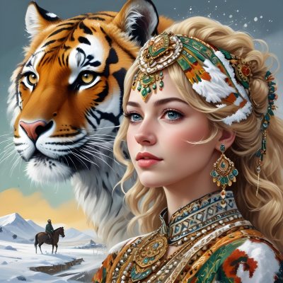 A White Woman 22 Years Old With Curly Blonde Hair Wearing A Traditional Algerian Dress And Jewelry A Tiger Behind Her A Man Riding A Horse In A Snowy Landscape 2 9a41