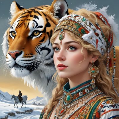 A White Woman 22 Years Old With Curly Blonde Hair Wearing A Traditional Algerian Dress And Jewelry A Tiger Behind Her A Man Riding A Horse In A Snowy Landscape 3 B774
