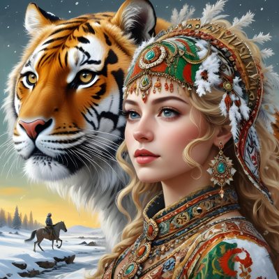 A White Woman 22 Years Old With Curly Blonde Hair Wearing A Traditional Algerian Dress And Jewelry A Tiger Behind Her A Man Riding A Horse In A Snowy Landscape 7 F5b9