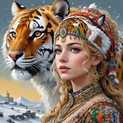 A White Woman 22 Years Old With Curly Blonde Hair Wearing A Traditional Algerian Dress And Jewelry A Tiger Behind Her A Man Riding A Horse In A Snowy Landscape 8 68c9
