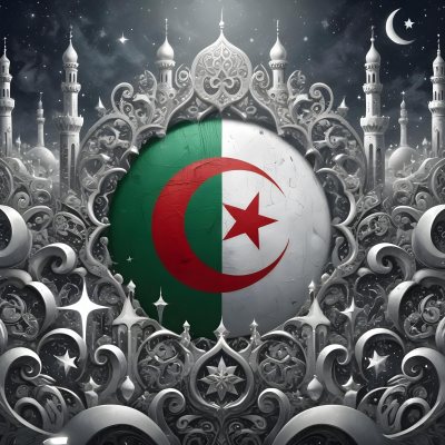 Algerian Flag With A Red Crescent And Star Surrounded By Ornate Silver Decorations Minarets Stars And Stars Set Against A Dark Starry Night Sky 1 6943