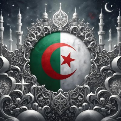 Algerian Flag With A Red Crescent And Star Surrounded By Ornate Silver Decorations Minarets Stars And Stars Set Against A Dark Starry Night Sky 7 41c3