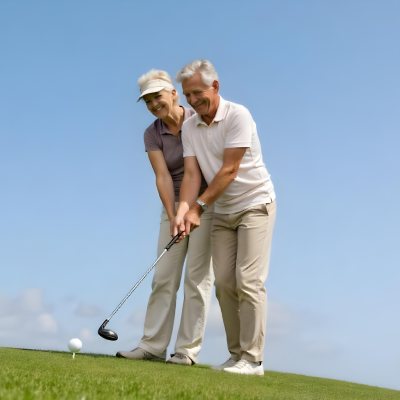 An Elderly Caucasian Couple A Man And A Woman Standing On A Grassy Hill And Holding Golf Clubs 4 6daf