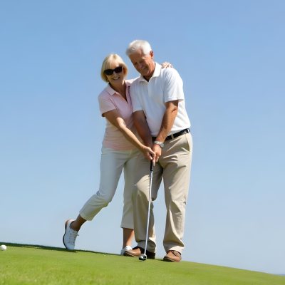 An Elderly Caucasian Couple A Man And A Woman Standing On A Grassy Hill And Holding Golf Clubs 5 4f59