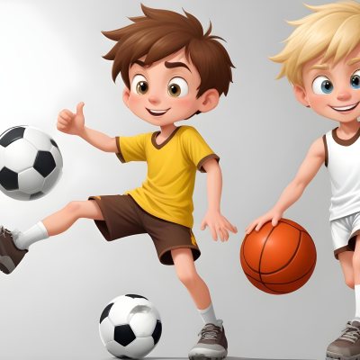 Two Young Cartoon Boys With One Having Brown Hair And The Other With Blonde Hair Playing With A Soccer Ball And Basketball In A Plain White Background 10 1d7c