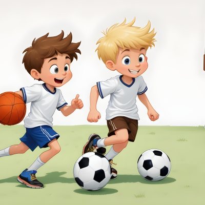 Two Young Cartoon Boys With One Having Brown Hair And The Other With Blonde Hair Playing With A Soccer Ball And Basketball In A Plain White Background 12 9a9d