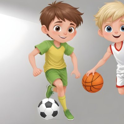 Two Young Cartoon Boys With One Having Brown Hair And The Other With Blonde Hair Playing With A Soccer Ball And Basketball In A Plain White Background 14 B503