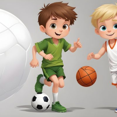 Two Young Cartoon Boys With One Having Brown Hair And The Other With Blonde Hair Playing With A Soccer Ball And Basketball In A Plain White Background 18 6632