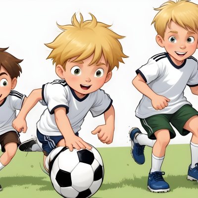 Two Young Cartoon Boys With One Having Brown Hair And The Other With Blonde Hair Playing With A Soccer Ball And Basketball In A Plain White Background 26 2673