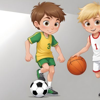 Two Young Cartoon Boys With One Having Brown Hair And The Other With Blonde Hair Playing With A Soccer Ball And Basketball In A Plain White Background 27 8134
