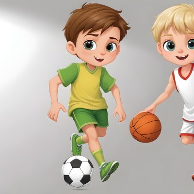 Two Young Cartoon Boys With One Having Brown Hair And The Other With Blonde Hair Playing With A Soccer Ball And Basketball In A Plain White Background 28 A354