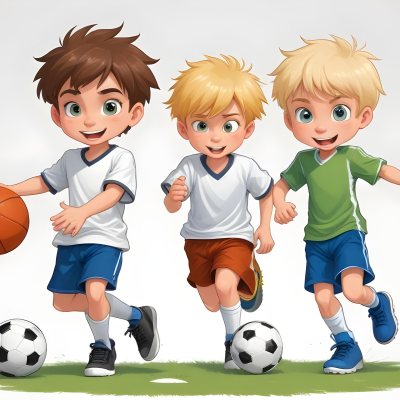 Two Young Cartoon Boys With One Having Brown Hair And The Other With Blonde Hair Playing With A Soccer Ball And Basketball In A Plain White Background 3 6734