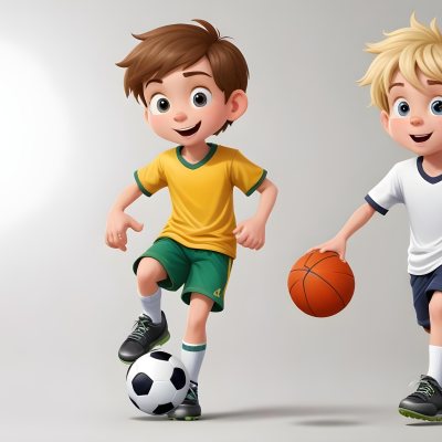 Two Young Cartoon Boys With One Having Brown Hair And The Other With Blonde Hair Playing With A Soccer Ball And Basketball In A Plain White Background 33 Baee