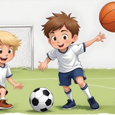 Two Young Cartoon Boys With One Having Brown Hair And The Other With Blonde Hair Playing With A Soccer Ball And Basketball In A Plain White Background 35 C233