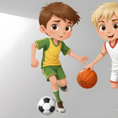 Two Young Cartoon Boys With One Having Brown Hair And The Other With Blonde Hair Playing With A Soccer Ball And Basketball In A Plain White Background 37 118a