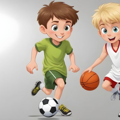 Two Young Cartoon Boys With One Having Brown Hair And The Other With Blonde Hair Playing With A Soccer Ball And Basketball In A Plain White Background 38 Badb