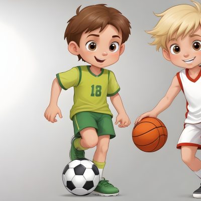 Two Young Cartoon Boys With One Having Brown Hair And The Other With Blonde Hair Playing With A Soccer Ball And Basketball In A Plain White Background 4 Fda0