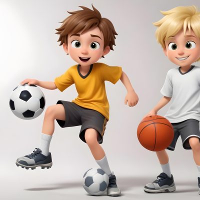 Two Young Cartoon Boys With One Having Brown Hair And The Other With Blonde Hair Playing With A Soccer Ball And Basketball In A Plain White Background 42 C067