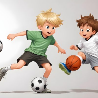 Two Young Cartoon Boys With One Having Brown Hair And The Other With Blonde Hair Playing With A Soccer Ball And Basketball In A Plain White Background 43 4420