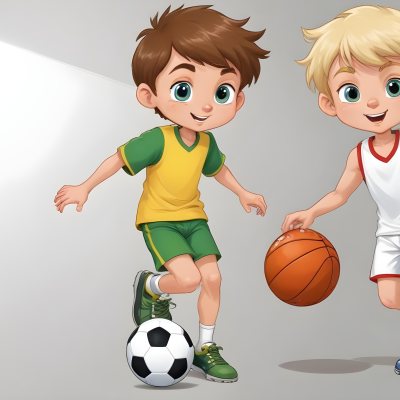 Two Young Cartoon Boys With One Having Brown Hair And The Other With Blonde Hair Playing With A Soccer Ball And Basketball In A Plain White Background 46 85bc
